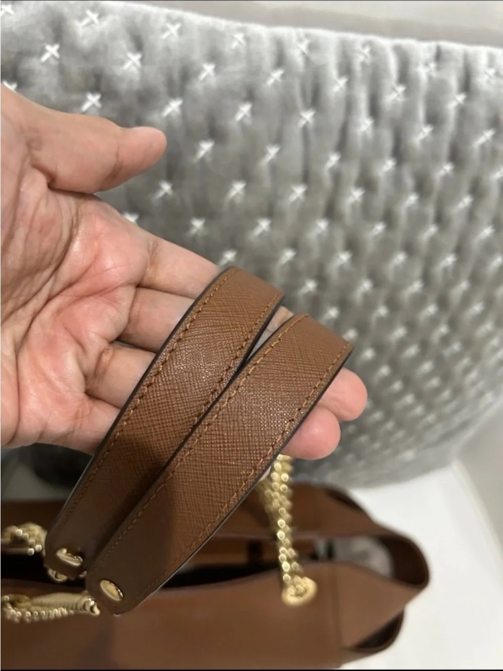 Michael Kors Cognac Saffiano Leather Shoulder Tote with Gold MK Emblem